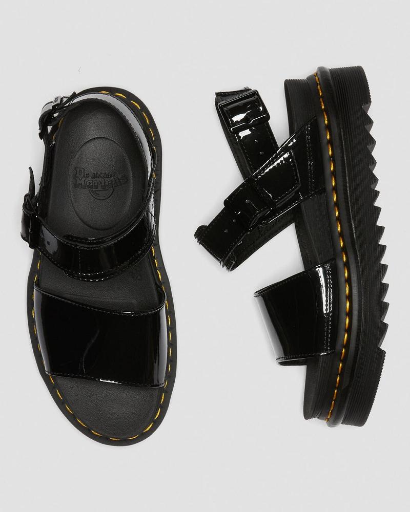 Black Women's Dr Martens Voss Patent Leather Strap Sandals | CA 330XYU